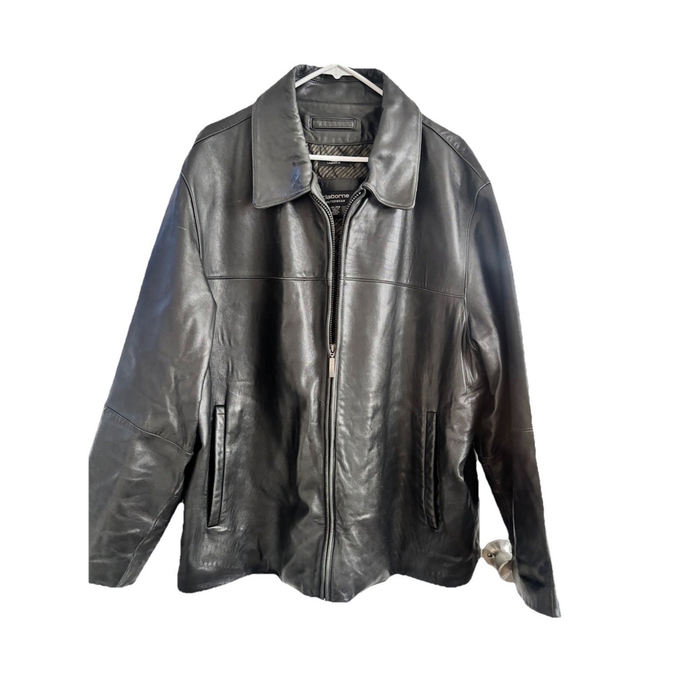 Claiborne Lambskin Leather Jacket Mens XXL Black Soft Leather Coat Zip Front EUC